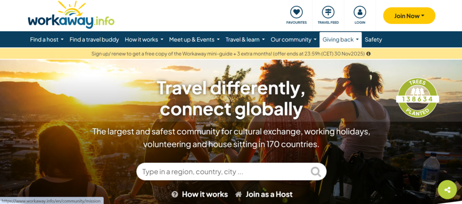 Homepage della community di Workaway